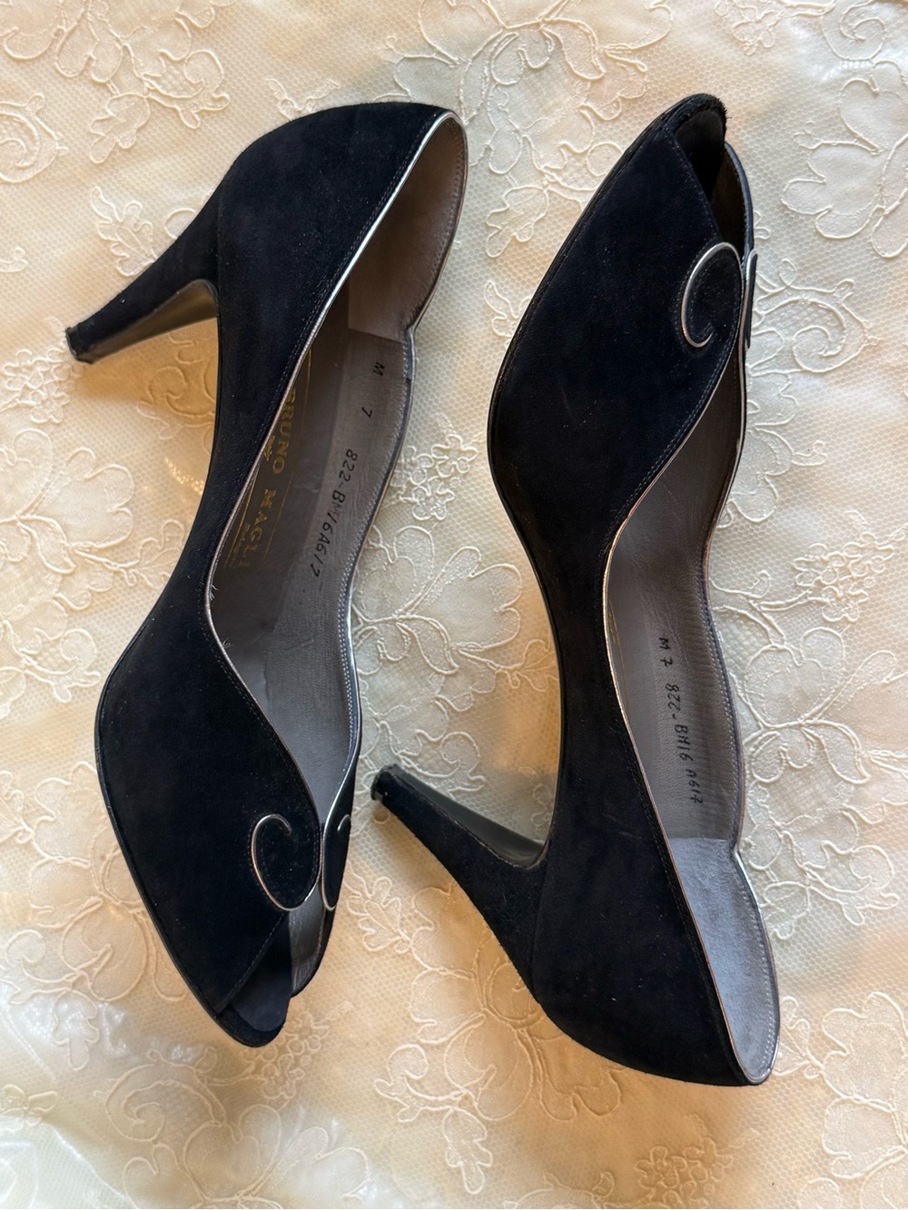 Bruno Magli Black Suede Peep-Toe Pumps with Silver Trim